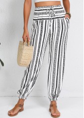 Geometric Print Drawstring White Jogger Elastic Waist Pants