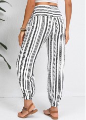 Geometric Print Drawstring White Jogger Elastic Waist Pants
