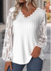 Lace White Long Sleeve V Neck Blouse