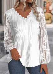 Lace White Long Sleeve V Neck Blouse