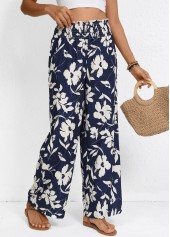 Plants Print Smocked Navy Wide Leg Elastic Waist Pants