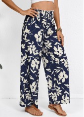 Plants Print Smocked Navy Wide Leg Elastic Waist Pants