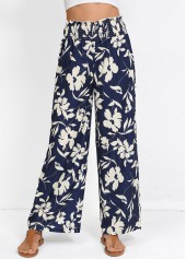 Plants Print Smocked Navy Wide Leg Elastic Waist Pants