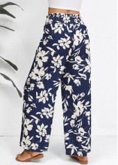 Plants Print Smocked Navy Wide Leg Elastic Waist Pants