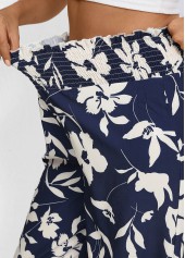 Plants Print Smocked Navy Wide Leg Elastic Waist Pants