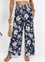 Plants Print Smocked Navy Wide Leg Elastic Waist Pants
