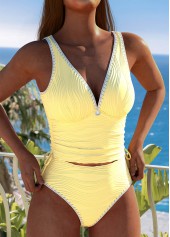 V Neck Ruched Yellow Tankini Set