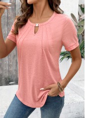 Cut Out Pink Short Sleeve Round Neck T Shirt