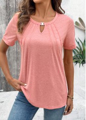 Cut Out Pink Short Sleeve Round Neck T Shirt