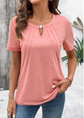 Cut Out Pink Short Sleeve Round Neck T Shirt
