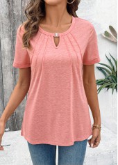 Cut Out Pink Short Sleeve Round Neck T Shirt
