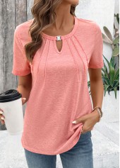 Cut Out Pink Short Sleeve Round Neck T Shirt