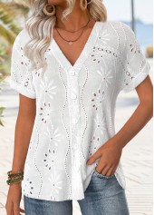 Button White Short Sleeve V Neck Blouse