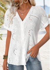 Button White Short Sleeve V Neck Blouse