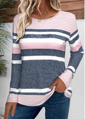 Striped Pink Long Sleeve Round Neck T Shirt