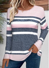Striped Pink Long Sleeve Round Neck T Shirt