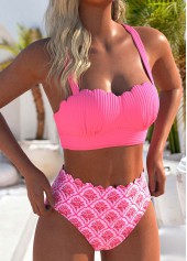 Floral Print Scalloped Hem Hot Pink Bikini Set