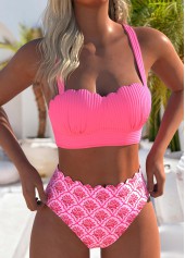 Floral Print Scalloped Hem Hot Pink Bikini Set