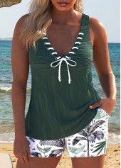 Leaf Print Lace Up Green Tankini Set