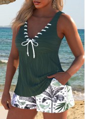 Leaf Print Lace Up Green Tankini Set