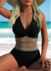 High Waisted Jacquard Black Bikini Set