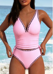 Contrast Binding V-Neck Pink Tankini Set