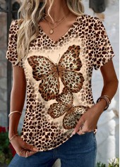 Leopard Dark Coffee Short Sleeve V Neck T Shirt