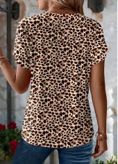Leopard Dark Coffee Short Sleeve V Neck T Shirt