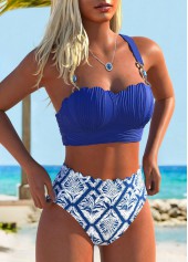 Tropical Plants Print Dark Blue Bikini Set