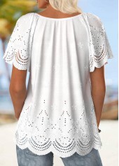 Embroidery White Short Sleeve Turn Down Collar Blouse