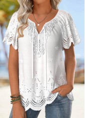 Embroidery White Short Sleeve Turn Down Collar Blouse