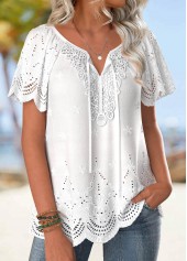 Embroidery White Short Sleeve Turn Down Collar Blouse