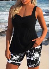 Plus Size Black Feathers Print Surplice Tankini Set