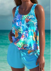 Marine Life Print Tie Cyan Tankini Set