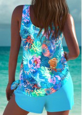Marine Life Print Tie Cyan Tankini Set