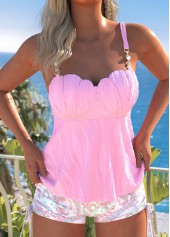 Mid Waisted Paisley Print Button Pink Tankini Set