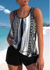 Plus Size Black Geometric Print Bowknot Tankini Set