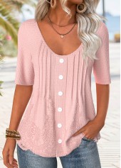 Button Light Pink Half Sleeve Scoop Neck T Shirt