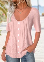 Button Light Pink Half Sleeve Scoop Neck T Shirt