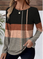 Geometric Print Patchwork Black Long Sleeve T Shirt