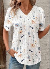Floral Print Embroidery White Short Sleeve V Neck Blouse