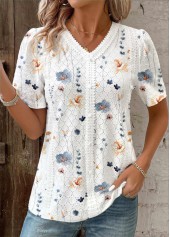Floral Print Embroidery White Short Sleeve V Neck Blouse