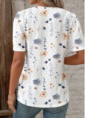 Floral Print Embroidery White Short Sleeve V Neck Blouse