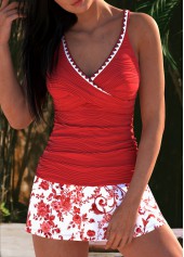 High Waisted Tribal Print Contrast Binding Red Tankini Set