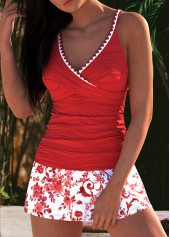 High Waisted Tribal Print Contrast Binding Red Tankini Set