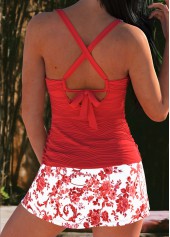 High Waisted Tribal Print Contrast Binding Red Tankini Set