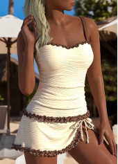 Ruched Contrast Binding Beige Tankini Set