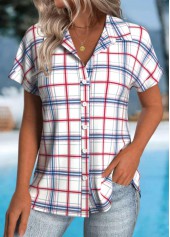 Plaid Button White Short Sleeve Shirt