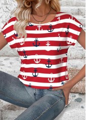 Striped Red Short Sleeve Round Neck T Shirt