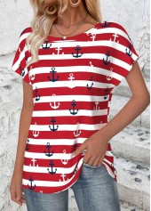 Striped Red Short Sleeve Round Neck T Shirt